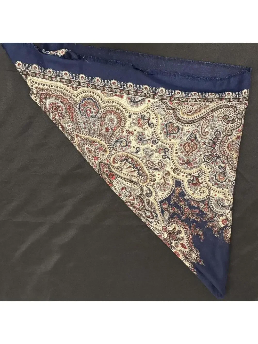 Vintage Paisley Scarf Shawl Navy Blue Red Cream Boho Wrap Fringe Lightweight